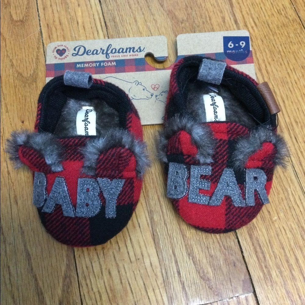 Baby Bear Slippers 6 - 9Mo Dearfoams Buffalo Plaid Square Red Black Slip On NWT - Picture 9 of 10